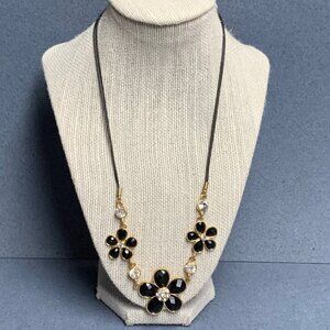 Flower Rhinestone Necklace 20 In Faceted Black Petals Gold Chain Elegant Chic